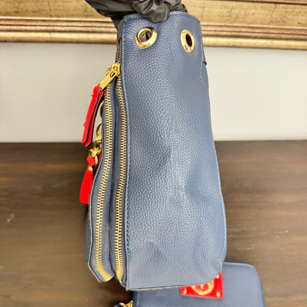 MKF Collection Blue Red Chain Shoulder Bag with Matching Wristlet - Picture 5 of 12